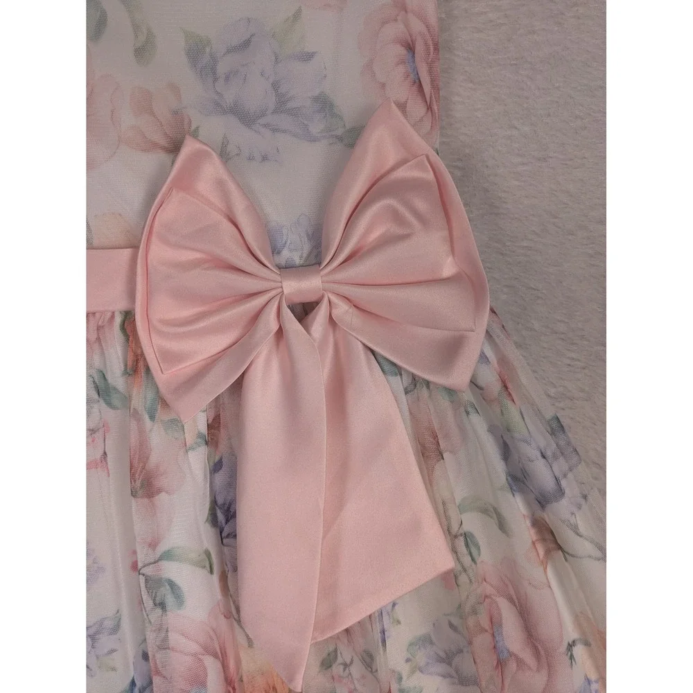 Rare Edition Dress Girl's 10 White Floral Flutter Sleeve Oversized Bow Tulle